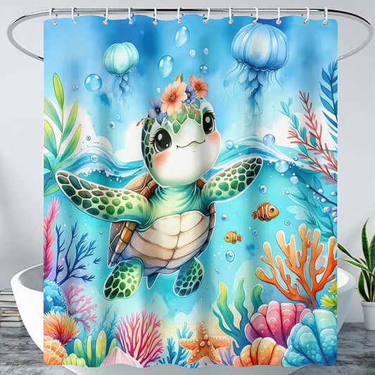 AILONEN Sea Turtle Shower Curtain for Bathroom,Cute Ocean Turtle Shower Curtain with 12 Plastic Hooks,Colorful Coral Jellyfish Print Bath Curtain Polyester Waterproof 72" W*96" H