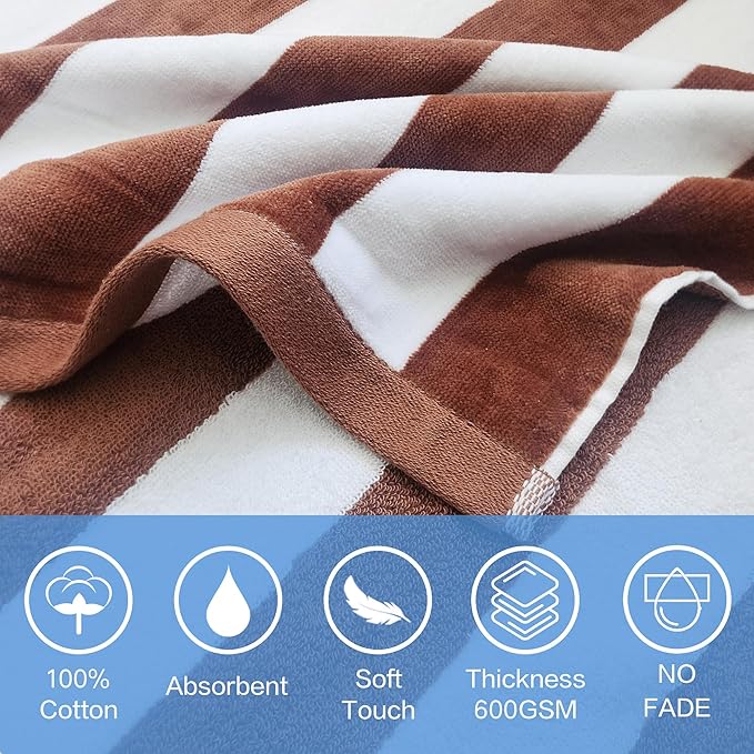 VOOVA & MOVAS Big Kids Poncho Towel with Hood - Teens Hooded Pool Towel Robe (8-16Years), Large and Absorbent Cotton - Versatile for Beach, Pool, Swim, and Bath, Brown Cabana Stripe