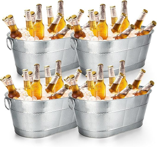 Nuogo 4 Pcs Stainless Steel Oval Ice Buckets for Parties 15 Qt/ 4 Gallon Galvanized Metal Drink Bucket with Handles Leak Resistant Beverage Tub Rustproof Wine Cooler Bucket Beverage Chiller(Silver)