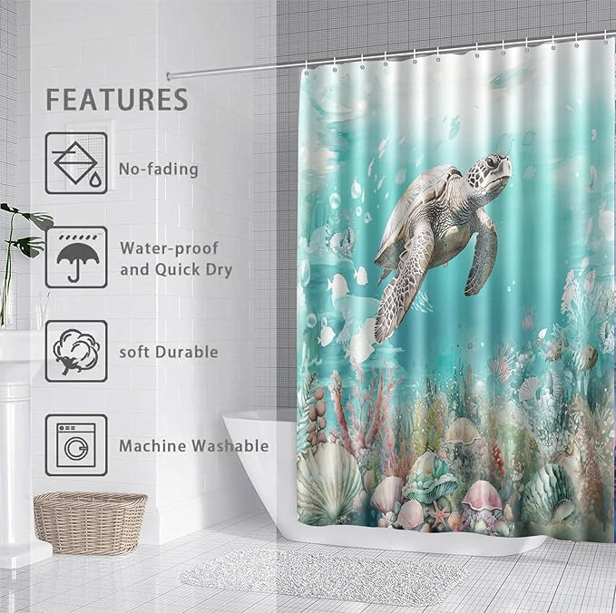 Sea Turtle Shower Curtain for Bathroom Ocean Beach Shower Curtain Set with 12 Hooks (Sea Turtle, 72" x 72")