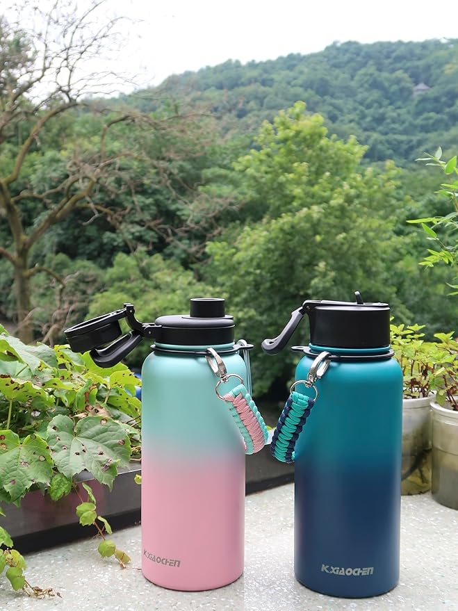 32 oz Insulated Water Bottle with Paracord Handles & Strap, 2 Lids(Straw Lid&Spout Lid), Stainless Steel Reusable Wide Mouth Metal Water Bottle With Straw, Double Walled, Thermo Mug(Rubber Pink)