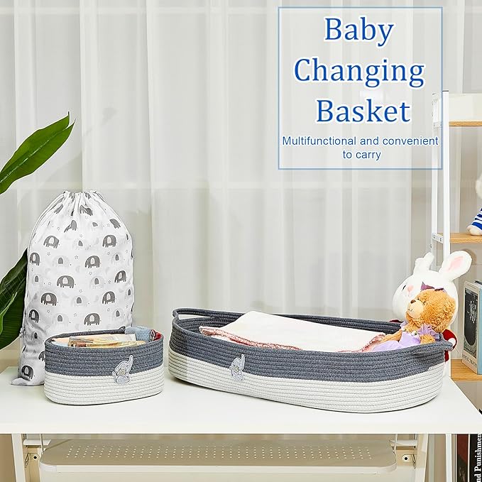 Baby Changing Basket for Dressing Caddy Organizer Moses Basket Dressing Table Foam Diaper Changing Pad Dressing Table Diaper Changing Tablecloth Storage Bag, Elephant