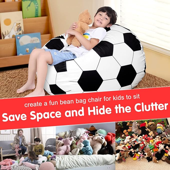 Lukeight Stuffed Animal Storage Bean Bag Chair Cover for Kids, Soccer Zipper Beanbag Chair Cover for Organizing Toddler and Kids' Rooms Plush Toys (Soccer Velvet, XX-Large)