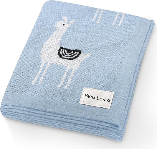 Baby Receiving Swaddle Stroller Blanket - 100% Fine Loomed Cotton Cozy Cuddle Crib Stroller Unisex Quilt Knit Blanket for Newborns Infants Toddler Boys and Girls (Llama - Baby Blue)