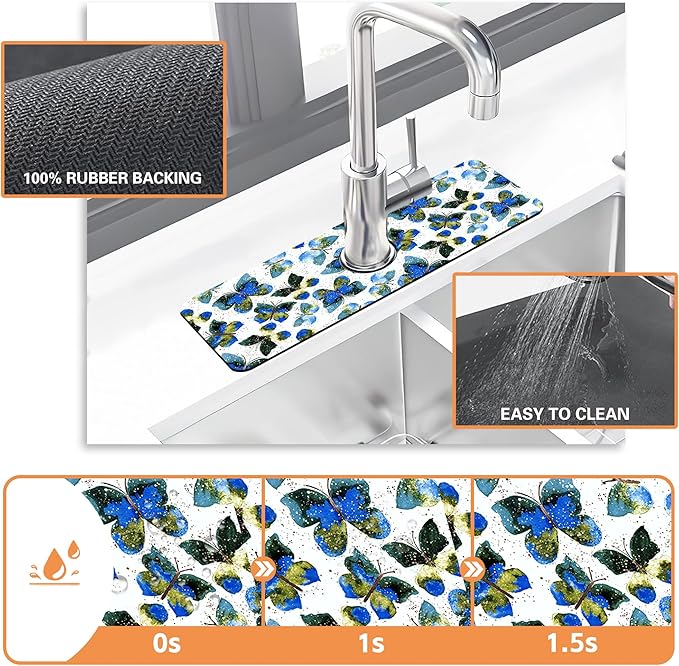 Kitchen Faucet Mat Colorful Butterfly Animals Kitchen Sink Splash Guard Faucet Mat,1 PC Splash Guard Behind Faucet Drip Catcher for Kitchen,Dish Drying Mat,Bathroom Faucet Mat 15.5""X5.5""