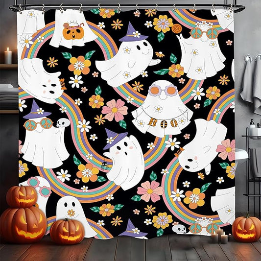 Halloween 70s Ghost Funny Shower Curtain 60Wx72L Inch 70s Groovy Funky Trendy Hippie Cute Horror Spooky Scary Rainbow Bathroom Set Accessories Decor with 12 Pack Hooks