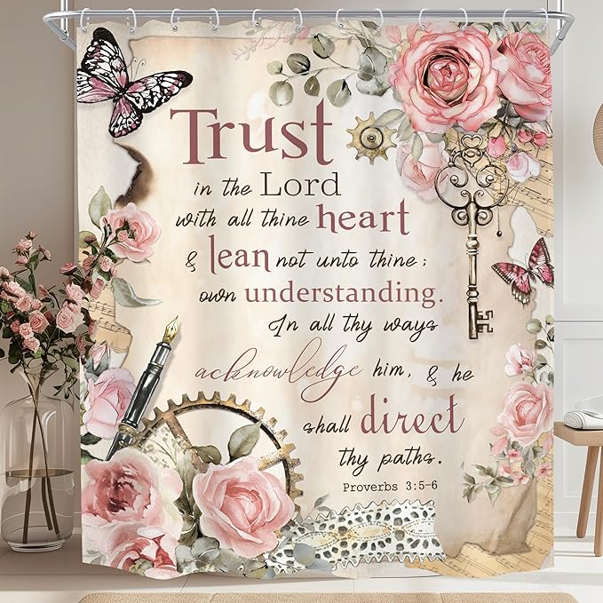 MESHELLY Vintage Pink Christian Shower Curtain 60Wx72H Retro Floral Bible Verse Bathroom Curtain Scripture Bath Curtain Fabric Rustic Flower Butterfly Quotes Bathroom Accessories Decor with 12 Hooks