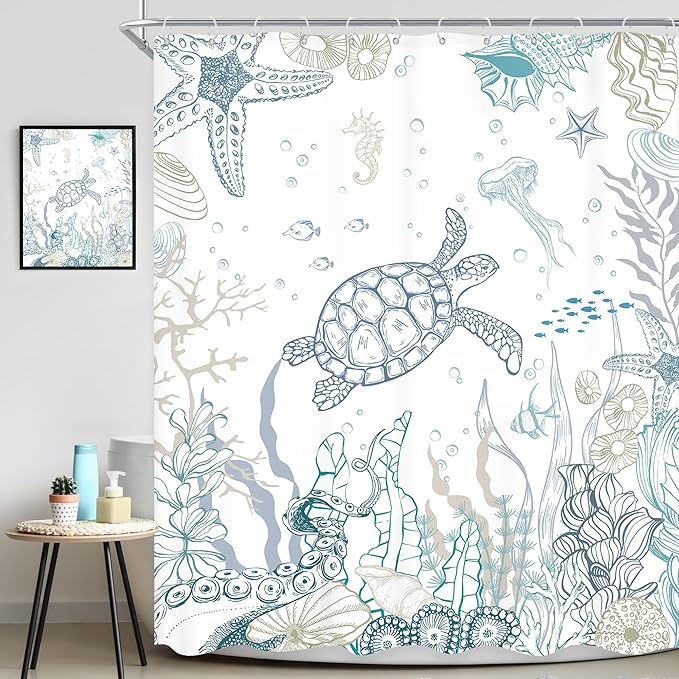 Nautical Coastal Sea Turtle Shower Curtain Ocean Beach Starfish Seashell Coral Underwater Animal Octopus Sealife Summer 60Wx72L Inch Bathroom Set Bath Curtain Bathtub Accessories Home Decor