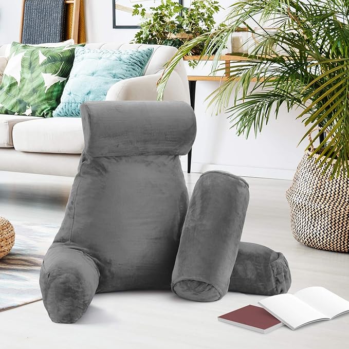 Nestl Reading Pillow Large Bed Pillow, Back Pillow for Sitting in Bed Shredded Memory Foam Chair Pillow, Reading & Bed Rest Pillows Grey Back Pillow for Bed, Bed Chair Arm Pillow with Pockets