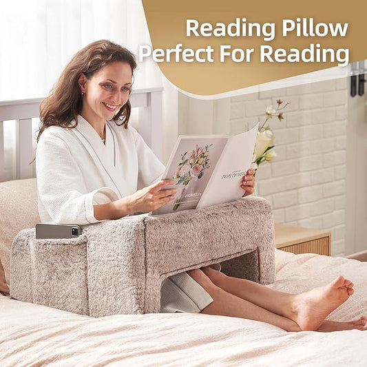 Homguava Reading Pillow Memory Lap Desk Foam Pillow for Adults Gaming Pillow Arm Rest Pillow for Reading, Crocheting, Gaming or Sitting in Bed (Furry Brown, Large)