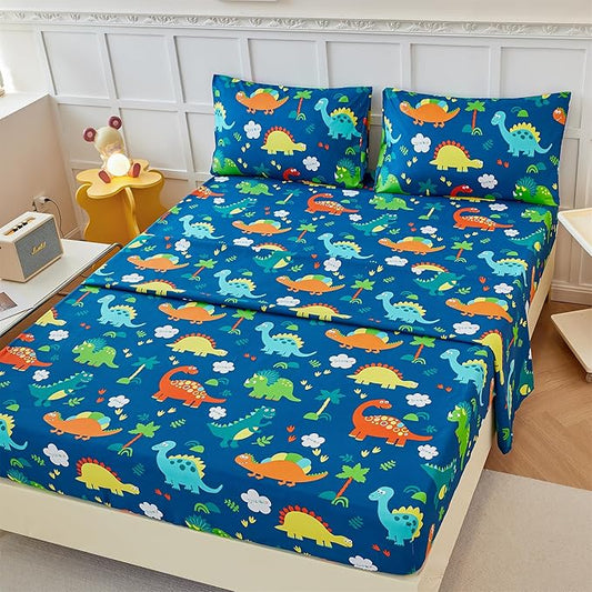RYNGHIPY Kids Dinosaur Sheets Set for Boys Soft Microfiber Dino Sheets for Twin Size Bed Deep Pocket Fitted Sheet Flat Sheet and Pillowcase (Blue Dinosaur,Full)