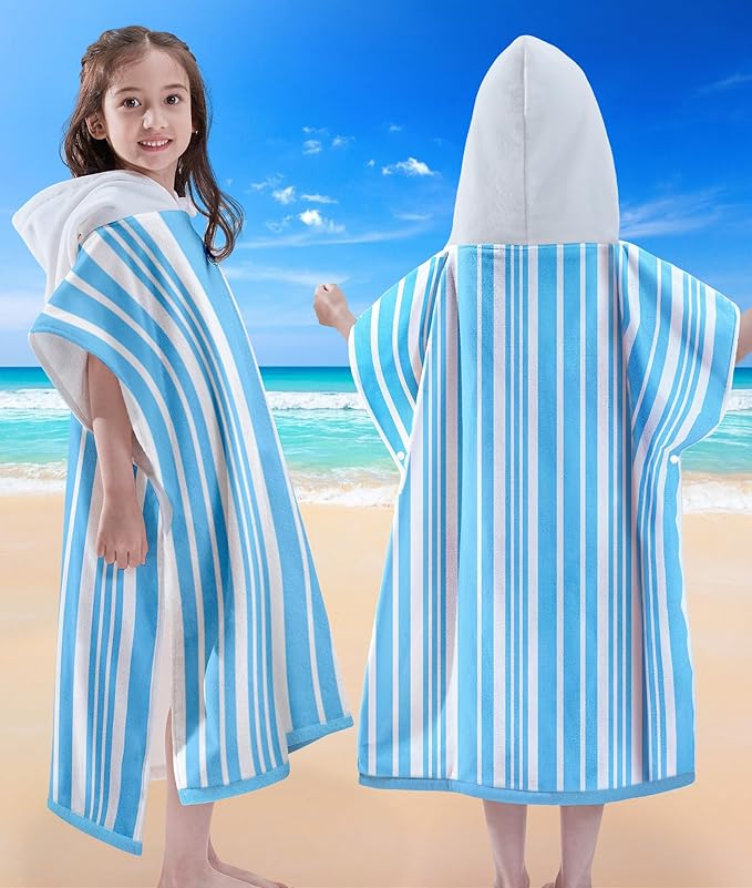 VOOVA & MOVAS Big Kids Poncho Towel with Hood - Teens Hooded Pool Towel Robe (8-16Years), Large and Absorbent Cotton - Versatile for Beach, Pool, Swim, and Bath,Light Blue Stripe