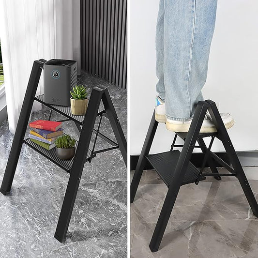 2 Step Ladder, Aluminum Folding Step Stool with Anti-Slip and Wide Pedal, for Library, Kitchen, Office, 330 lbs Capacity, Black