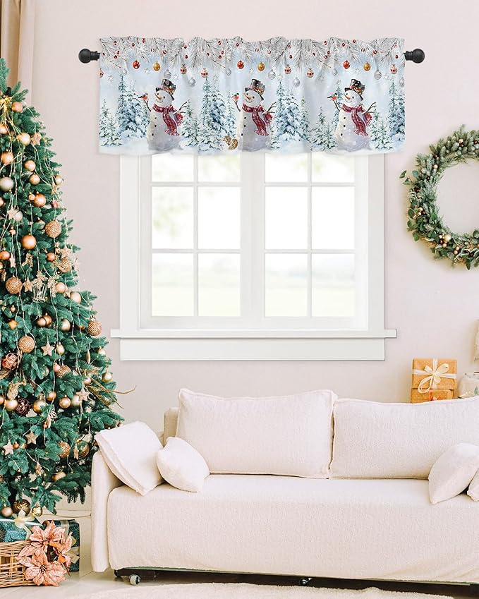 Snowman Valance Curtains for Kitchen Windows Blue Merry Christmas Tree Red Balls Squirrel Rod Pocket Window Treatment Toppers for Kitchen/Living Room/Bedroom/Bathroom, 60" X 18", Winter