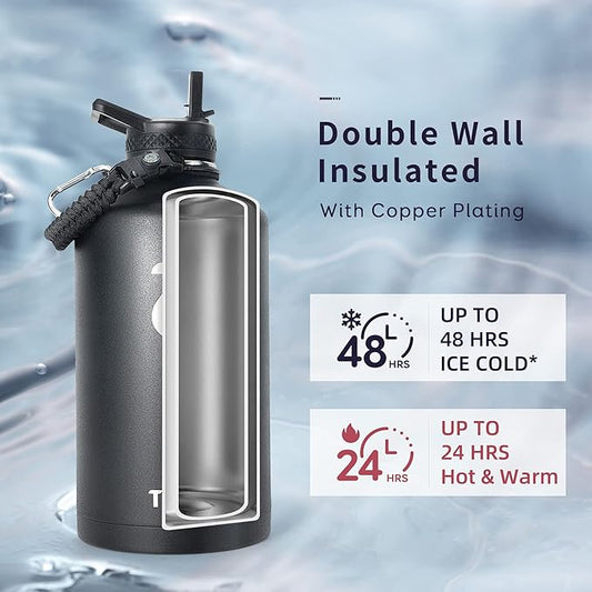 Trebo One Gallon Water Bottle Insulated with Paracord Handle,128oz Food-grade Double Wall Vacuum Stainless Steel Insulated Jug with Straw Spout Handle Lids, Leakproof Keep Cold & Hot,Black