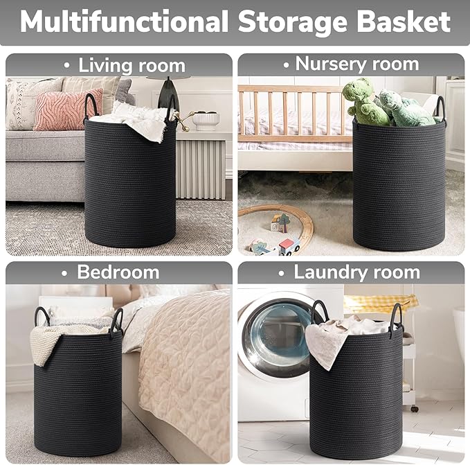 INDRESSME Woven Laundry Basket, Baby Nursery Hamper Bin Tall Storage Basket for Living Room, Kids Laundry Hamper for Clothes, Toys, Large Rope Basket for Blankets, Pillows, 19.7 x 13.8 inches, Black