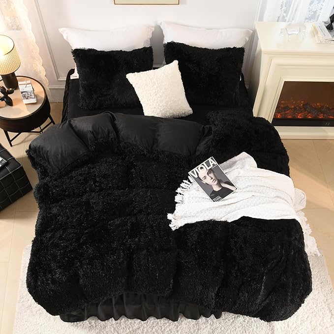Litanika Black Fluffy Comforter King Size, Luxury Plush Faux Fur Bedding Set for King Bed, Ultra Soft Warm Velvet Fuzzy Comforter 3 Pieces(1 Shaggy Comforter 104×90 Inch, 2 Pillowcases)