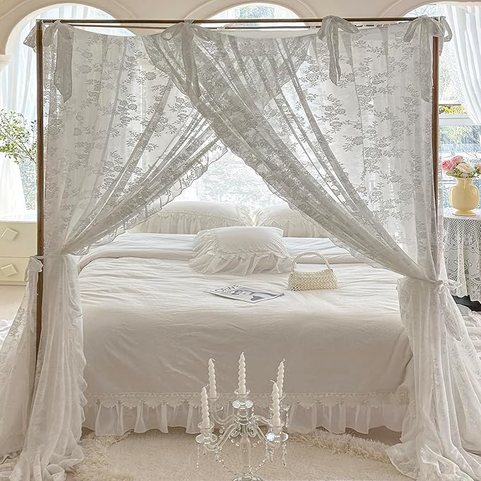 Mengersi Canopy Bed Curtains with Tie Backs,Bed Canopy Curtains Bed Drapes Sheer Curtains for Bedroom Decor(King,White