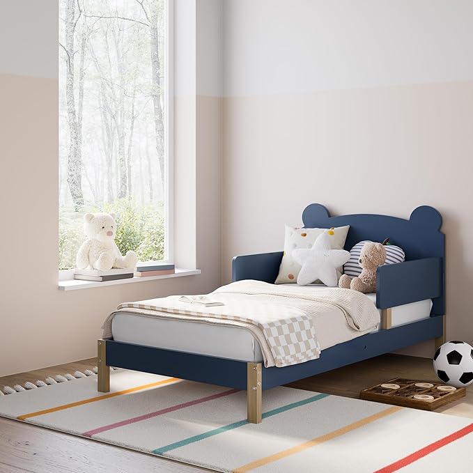 Storkcraft Teddy Bear Toddler Bed (Midnight Blue with Driftwood) - GREENGUARD Gold Certified, includes Toddler Safety Guardrails, Fits Standard Crib & Toddler Mattress, Stylish 2-Tone Design