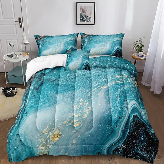 Bedbay Blue and Gold Comforter Duvet Set California King Comforter Teal Marble Bedding Comforter Set Western Bedding Watercolor Marble Abstract Art Quilt Set Bedroom Decor for Men Women(104" Wx96 L)