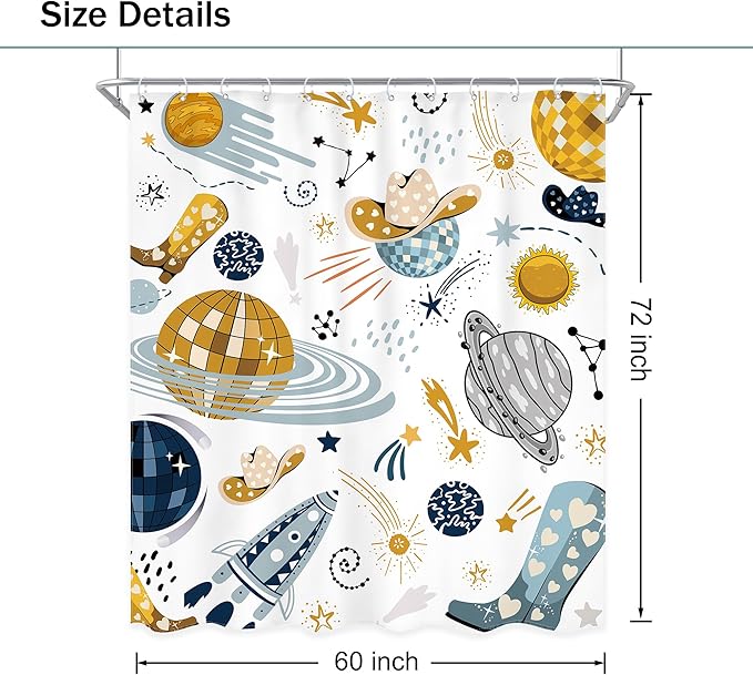 Kids Western Planet Shower Curtain 60Wx72L Inch Boy Disco Outer Space Retro Cool Cowgirl Cowboy Funny Galaxy Universe Wild West Bathroom Set Unique Bath Curtain Bathtub Accessories Home Decor