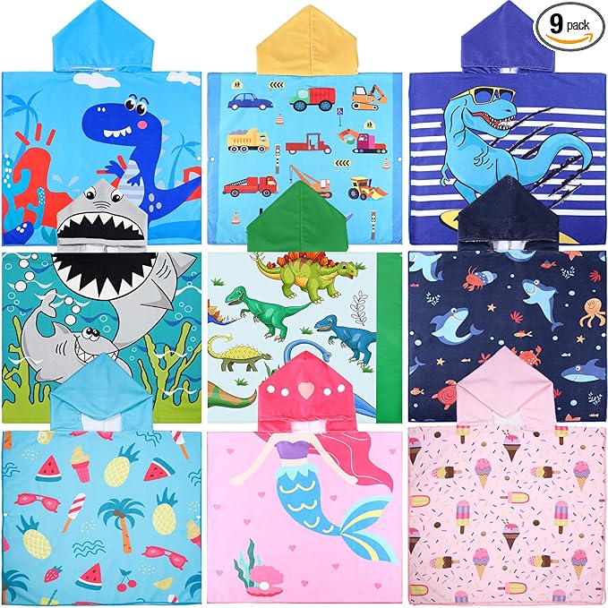 Mixweer 9 Pcs Kids Hooded Towel Mermaid Dinosaur Towel with Hood Baby Bath Towel Wrap Hooded Towels Poncho Pool Bathrobe Summer Gifts for Toddler Boys Girls (Lovely)