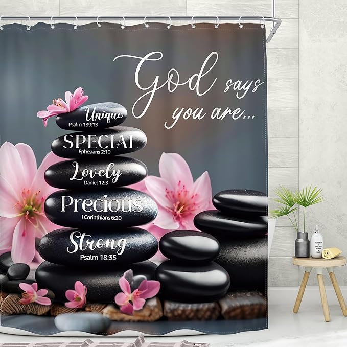 MESHELLY Zen Black Pink Shower Curtain 60Wx72H Scripture Flower Spa Relaxing Meditation Massage Bathroom Curtain Quotes Stone Bible Verse Bath Curtain Fabric Bathroom Accessories Decor with 12 Hooks