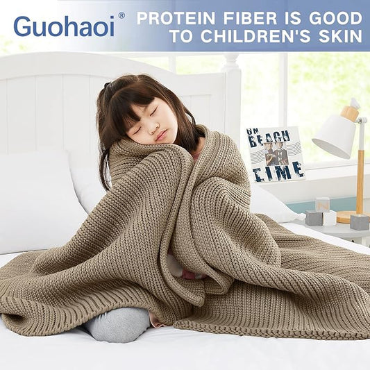 Knitted Weighted Blanket(Beige 50"x60" 10lbs),Home Décor Cooling Throw Blanket for Hot Sleepers,Hand Made Chunky Knit Heavy Blanket or Adults Use on Twin Size Bed