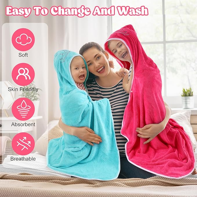 2 Pcs Princess Toddler Bath Towel Oversized Baby Hooded Bath Towel Thick Absorbent Soft Toddler Beach Towel for Kids Girls Up to 10 Years, 27 x 48 Inch, Pink and Blue
