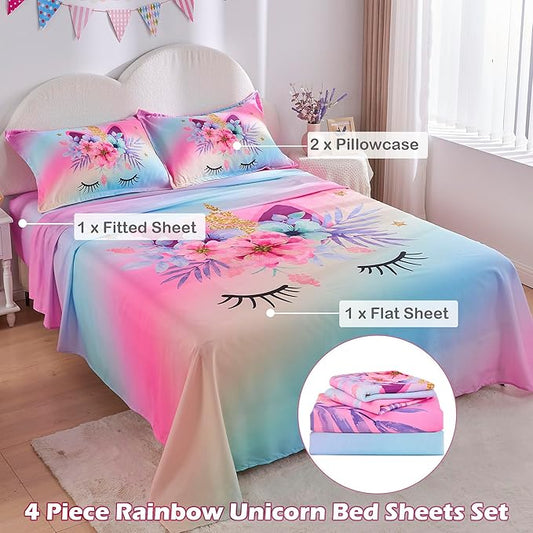VIVILINEN Queen Size Sheet Set 3 Piece Rainbow Unicorn Kids Queen Bed Sheet Set for Girls Deep Pocket Bedding Set Bed Fitted Sheet Set Include Flat Sheet, Deep Pocket Fitted Sheet and 2 Pillowcase