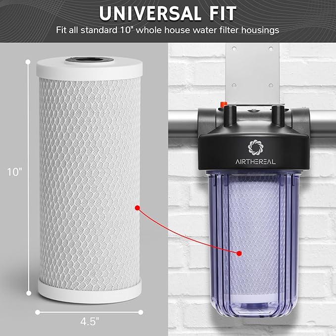 Airthereal 10" x 4.5" Whole House CTO Activated Carbon Water Filter, 5 Micron 10-inch Water Filter Replacement Cartridge for City and Well Water, 4-Pack