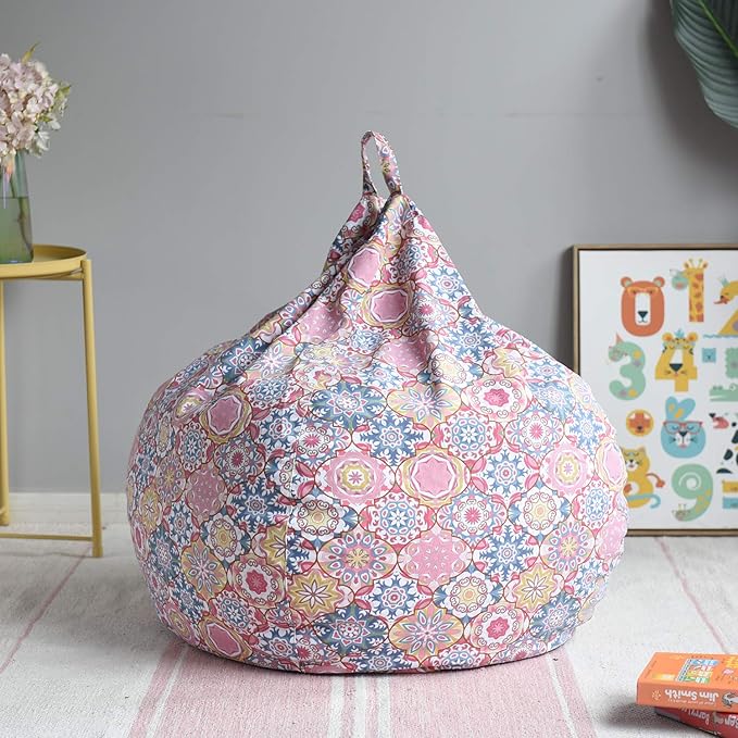 YuppieLife Kids Storage Bean Bag Cover(No Filling) Toy Organizer|Carrying Handle Sofa|Available for Kids and Teenager|Cuddle Chair|Machine Washable and Durable(38“,Pink Flowers)