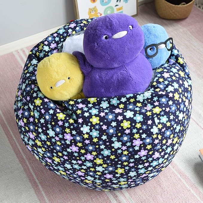 YuppieLife Kids Storage Bean Bag Cover(No Filling) Toy Organizer|Carrying Handle Sofa|Available for Kids and Teenager|Cuddle Chair|Machine Washable and Durable(38“,Blue Flowers)