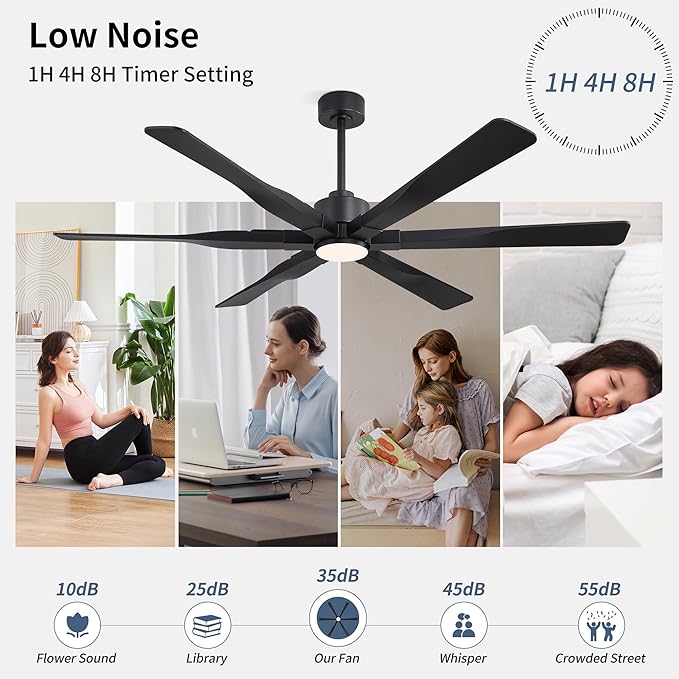 68 Inch Ceiling Fan with Lights and Remote Control, 6 Reversible ABS Blades, 6-Speed Noiseless DC Motor with 4.5" / 12" / 24" Downrods for Bedroom Dining Living Room, Black