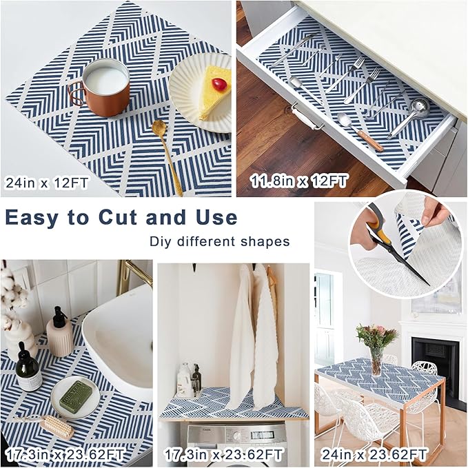 Shelf Liners for Kitchen Cabinets Non-adhesive, 12inx23.62FT Drawer Liner Non Slip Shelf Paper, Waterproof Easy to Clean Surface,Thicken Strong Grip for Pantry Cupboard Dresser Mat, Blue Stripe