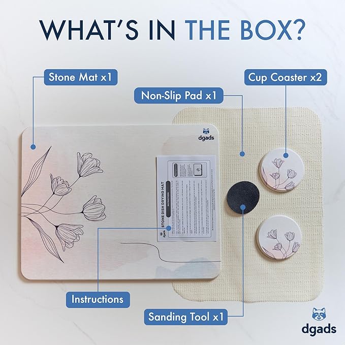 Stone Drying Mat for Kitchen Counter 17.71" x 13.77" with 2 x Absorbent Cup Coasters, Sanding Tool & Non-Slip Pad in Set | Quick Drying | Heat-Resistant | Diatomaceous Earth Instant Drying Dish Mat