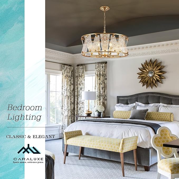 Modern Glass Chandelier 24in Gold Drum Chandelier Light Fixture 8-Light Hammered Crystal Glass Ceiling Chandelier Lighting for Living Room Dining Room Bedroom High Ceiling Entry Foyer