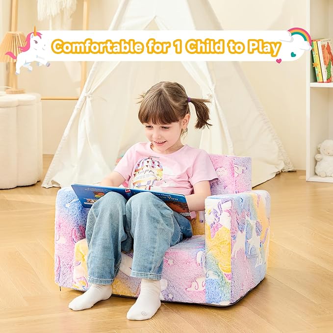 Toddler Chair, Toddler Couch, Kids Couch, Kids Sofa Chair 2 in 1, Comfy Toddler Chair Folding Out for Girls, Glow in The Dark Extra Soft Open Couch for Playroom, Gifts for Kids, Pink Unicorn