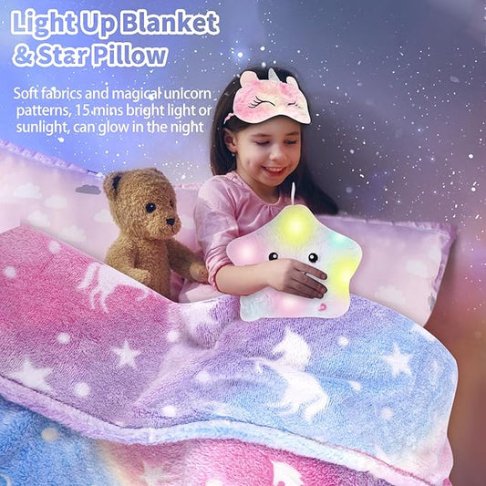 Unicorn Gifts for Girls 3 4 5 6 7 8 Years Old, Unicorn Toys with Plush Light Up Star Pillow Blanket Diamond Art Bracelet Graduation Birthday Gifts for Girls