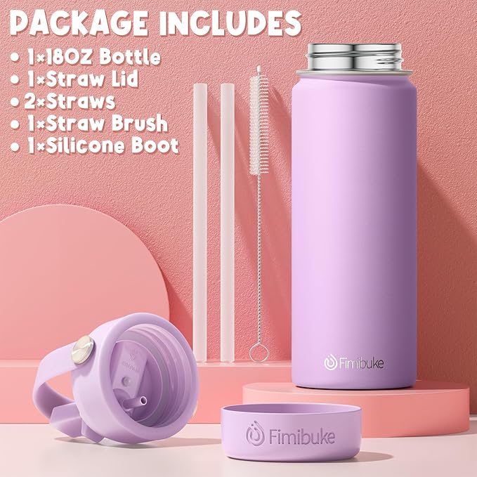 Fimibuke Kids Insulated Water Bottle - 18oz BPA-FREE 18/8 Stainless Steel Kid Cup with Straw Travel Tumbler Leak Proof Double Wall Vacuum Toddler Water Bottle for School Boy Girl (1 Pack,Cotton Candy)