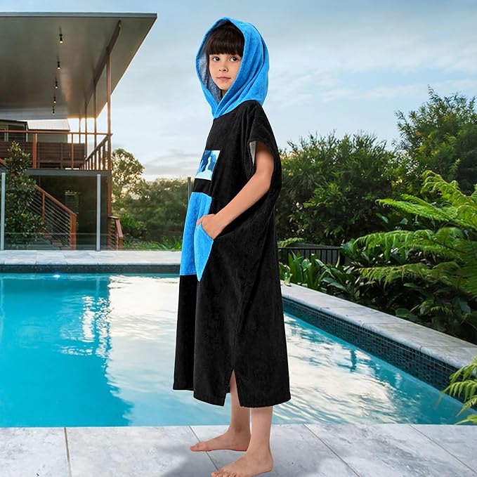 VOOVA & MOVAS Black Changing Robe for Teens,8-14Years,Thick 100% Cotton, Absorbent Hooded Towels for Girls|Boys,Surf Poncho for Pool, Beach, Bath,Swim