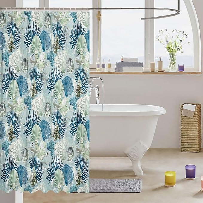 Feelyou Seashell Conch Print Shower Curtain 72"x78" Kids Marine Life Sea Bathroom Shower Curtain Set for Boys Girls Teens Ocean Marine Themed Bath Curtain Coastal Nautical Bathroom Accessories