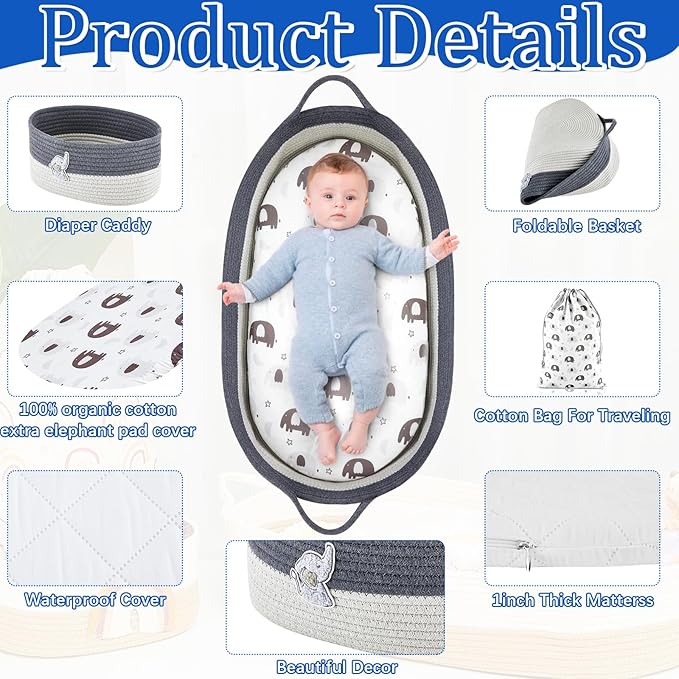 Baby Changing Basket for Dressing Caddy Organizer Moses Basket Dressing Table Foam Diaper Changing Pad Dressing Table Diaper Changing Tablecloth Storage Bag, Elephant