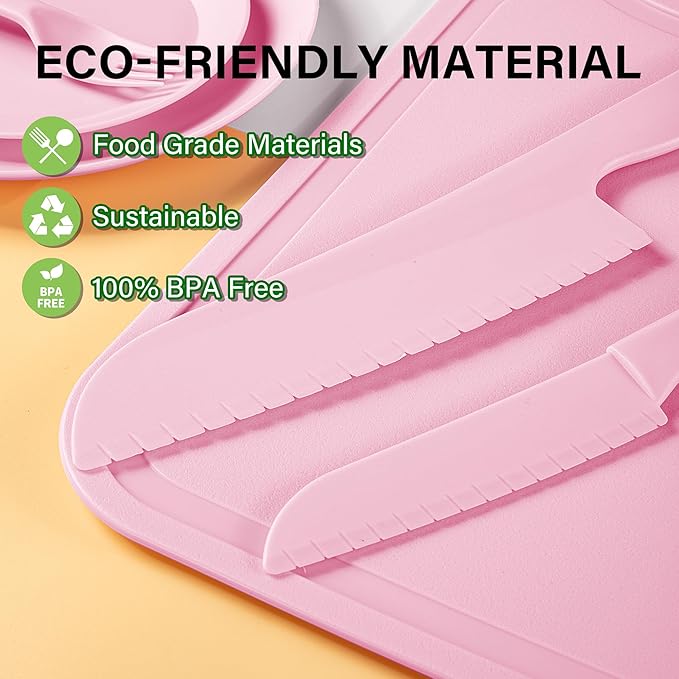 TJ POP Kids Knives for real cooking, Safe Knives Set 6 Pcs for Children, Kids' Baking Supplies with Cutting Board & Dishes, Toddler Knife Good Soft Grips, BPA-Free (Pink)