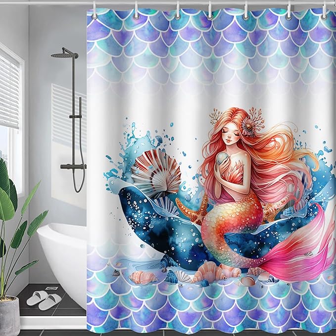 AILONEN Mermaid Shower Curtain,Watercolor Whale and Mermaid Bath Curtain,Beautiful Mermaid Princess Shower Curtain Ocean Fish Scale Print Curtain Waterproof with 12 Plastic Hooks, 48" W*72" H