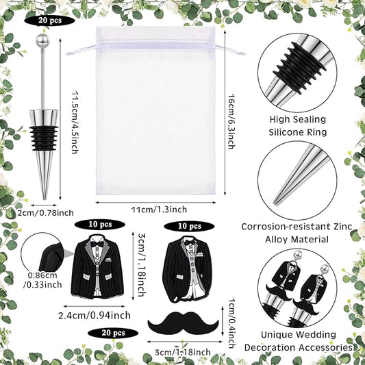 Wedding Beadable Wine Bottle Stopper Bulk Groomsmen Wine Stopper Stainless Steel Beer Corker with Silicone Beard Bead Sheer Bag Wedding Bridal Shower Favor for Guest Engagement Party(20 Set)