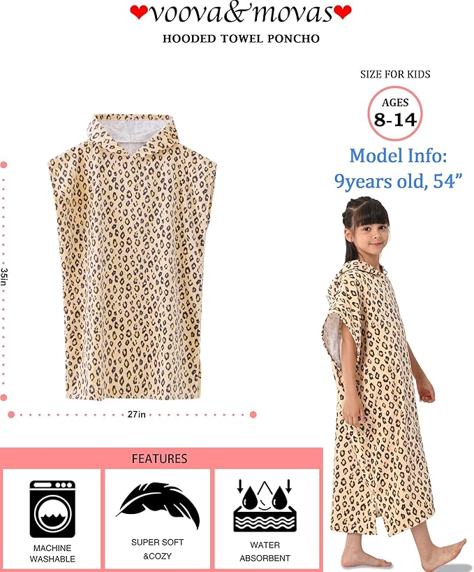 VOOVA & MOVAS Changing Towels Robe for 8-14 Girl Teens,100% Cotton Poncho Towel, Large Absorbent Hooded Towel Dress for Pool | Beach | Bath | Swim, Leopard Print