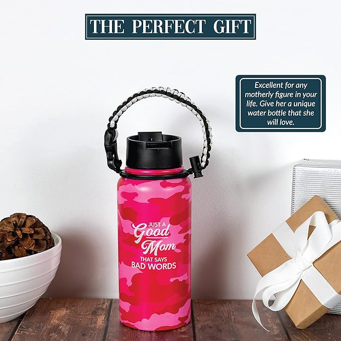 Pavilion - Good Mom 32 oz. Stainless Steel Water Bottle, Double Wall Tumbler Flask with Paracord Handle, Sports Water Cup, Gift For Mom, Mothers Day Gifts, Camouflage Bottle, 1 Count, Pink