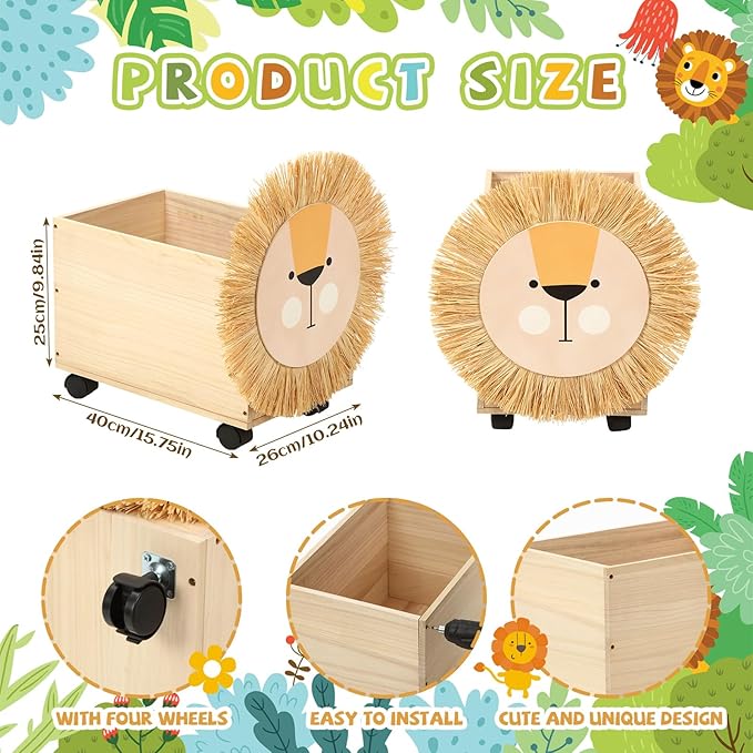 Kids Toy Box Storage Wooden Toy Chest Toy Organizers for Boys Girls Toy Box with Wheels 16x 10 x 10 Inch Lion Toy Storage Organizer Nursery Decor for Bedroom Living Room Easy Assembly