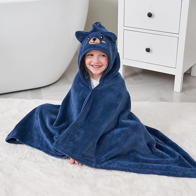 Hiturbo Kids Animal Hooded Towel: Soft Plush Fleece Blanket - 50"x30" Swim Cover Up - Pool Beach Bath Towel Wrap for 3-12 Yrs (Navy Bear)
